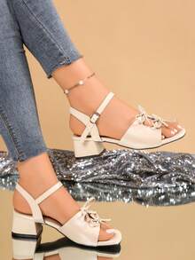 女士优雅搭扣装饰高跟穆勒凉鞋，细跟，百搭时尚绑带凉鞋 - 米色 - 查看 7