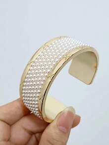 Vintage French Style Inlaid Pearl Alloy Heavily Crafted Fashion Open Bangle Bracelet For Women - Bracelet - View 3