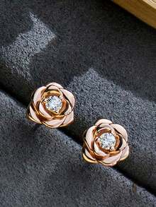 1 Pair Romantic Copper Inlaid Zirconia Rose Stud Earrings, Silver Rose Gold Earrings, Men's Everyday/Business Luxury Earrings, Valentine's Day Exclusive Gift - Rose Earrings - View 6