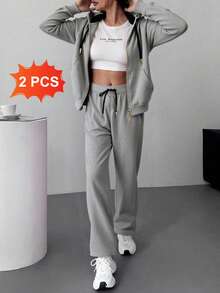 Conjunto de sudadera con capucha y cremallera para mujer -pantalones de pierna ancha, estilo casual y moderno, ideal para múltiples ocasiones. Tela suave y transpirable, diseño con detalles en negro y oro, - Gris - Ver 4