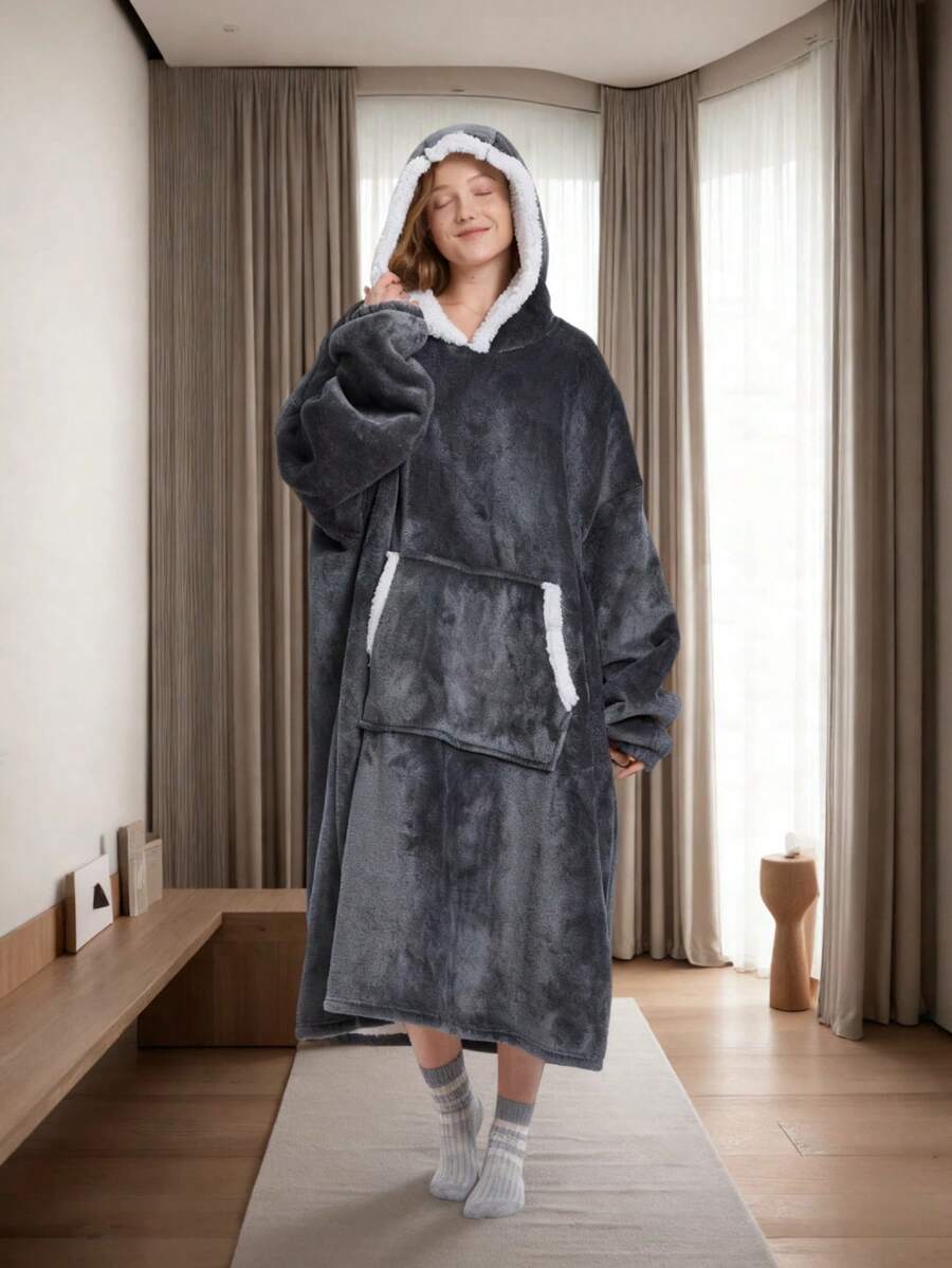 Oversized Long Wearable Blanket Hooded Home Dress - Ultra-Soft Thick Flannel Loungewear, Cozy Pockets, Machine Washable | Perfect Valentine's Day & Winter Gift For TV Time (Gray) - 灰色 - 查看 1