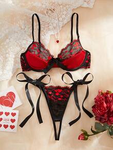 2pcs Women's Bow Tie Lingerie Set, Adjustable Strap Contrast Lace Bra And Panty Set, Sexy Lingerie, Christmas Lingerie - black red - View 6