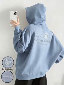 Oversized-Pullover-Sweatshirt für Damen mit überschnittenen Schultern, avantgardistischem Grafikprint, taillierter Passform, Kapuze mit Kordelzug, lässigem Sweatshirt für Outdoor-Aktivitäten, vielseitigem Streetwear-Stil im College-Look, atmungsaktivem Langarmshirt für Damen, Streetwear-Sweatshirt - graublau - Übersicht 2