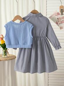 Young Girls School Uniform Bow Embroidery Knit Vest + Striped Long Sleeve Collared Shirt Dress 2-Piece Set - Dusty Blue - View 3