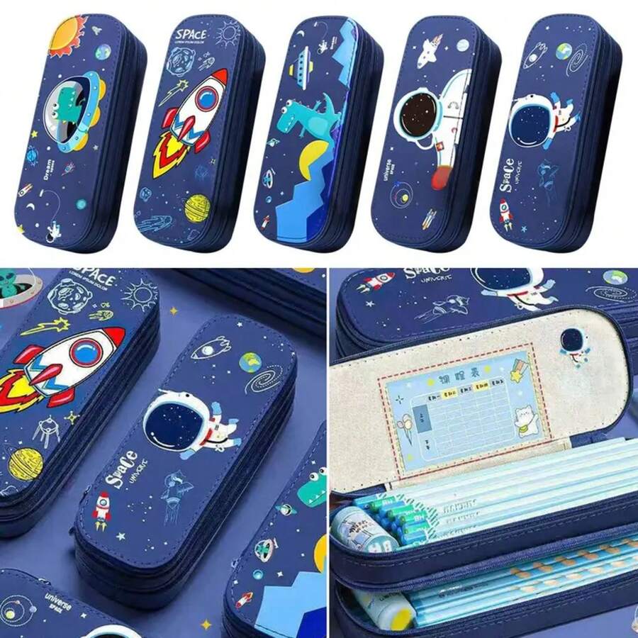 Large Capacity Cartoon Pencil Case Creative Double Layer PU Waterproof Stationery Box Student School Supplies - E - View 1