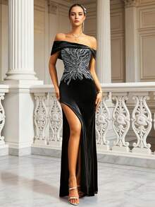 VIPGIRL 优雅酒红色露肩高开衩长款礼服，饰以奢华串珠，女士正式晚礼服，优雅派对礼服，舞会礼服 - 黑色 - 查看 4