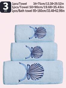 Bộ 3 khăn tắm/1 khăn hình vỏ sò, khăn tắm dày dặn thêu họa tiết lông san hô, khăn tắm/khăn trải giường mềm mại, thấm hút tốt, thích hợp cho phòng tắm, khách sạn, phòng tập thể dục, du lịch, quà tặng, salon, thể thao, ngoài trời, bãi biển, trường học, chuẩn bị năm học mới, phụ kiện du lịch, đồ dùng thiết yếu gia đình, khăn tắm, chăm sóc da. - Màu xanh nhạt - Xem 3