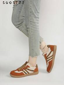 Women's Multifunctional Fashion Casual Shoes, Flat Non-Slip Lace-Up Round Toe Rubber Sole Casual Sneakers, Black & Khaki Color Block, Daily Match, Shoes, Casual Shoes, Size 36-41, - Multicolor - View 5