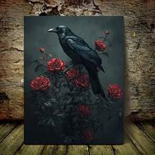 1pc 2D Flat Gothic Crow On Roses Canvas Art - Wood Framed Wall Decor, Dark Moody Raven & Red Blooms Print For Home, Office, Or Holiday Gift (Halloween, Christmas, Mother's Day), Gothic Home Decor Ready To Hang - White - View 2