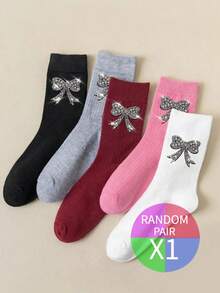 Conjunto de 5 pares de meias femininas de cano médio com laço brilhante em formato de diamante, respiráveis, com absorção de umidade e design moderno. - Multicolorido - Ver 12
