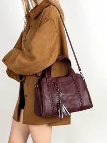 New PU Leather Women's Handbag, Retro Style, Tassel Decor, Fashion Zipper Shoulder Bag With Detachable Strap, Suitable For Work And Travel,Fringe Bag - Burgundy - View 7