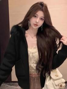 女士拉链针织开衫，带人造毛领和连帽，休闲秋冬上衣 - 黑色 - 查看 7