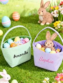 [Monogram Custom] Personalized Easter Tote Bag | Easter Seersucker | Custom Name Gift Bag, Gift Bags That Can Be Customized With The Easter Bunny's Name, Children's Egg Hunt Gift Bags, Easter Baskets, Easter Gift Bags, - Multicolor - View 2