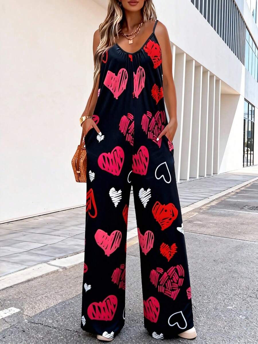 Valentine's Day New Year Elegant Women's Long Cami Jumpsuit Sleeveless Scoop Neck With Heart Print And Pockets For A Stylish Look Outfits - Màu hỗn hợp 3 - Xem 1