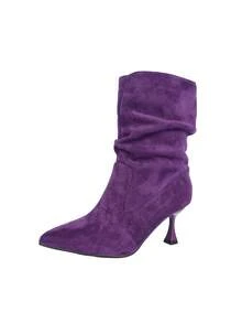 Giày bốt nữ mùa Thu/Đông mới, màu trơn, xếp ly, chất liệu nhung, cao đến giữa bắp chân, mũi nhọn, gót cao thanh lịch, thời trang, đa năng cho công sở và hẹn hò. - Màu tím - Xem 11
