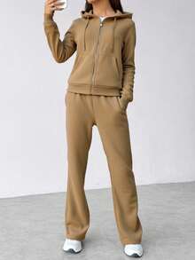 Conjunto de sudadera con capucha y cremallera para mujer -pantalones de pierna ancha, estilo casual y moderno, ideal para múltiples ocasiones. Tela suave y transpirable, diseño con detalles en negro y oro, - Caqui - Ver 2