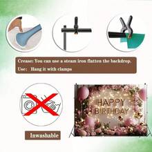 粉色花朵气球生日快乐背景幕布，金色亮片点缀，完美适用于生日派对蛋糕桌背景装饰、摄影横幅道具，乙烯基材质。