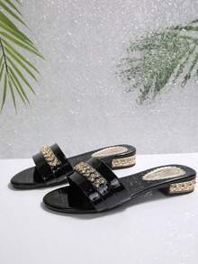 女士低跟平底凉鞋，闪亮夏季水钻绑带圆头方跟户外时尚拖鞋 - 黑色 - 查看 7
