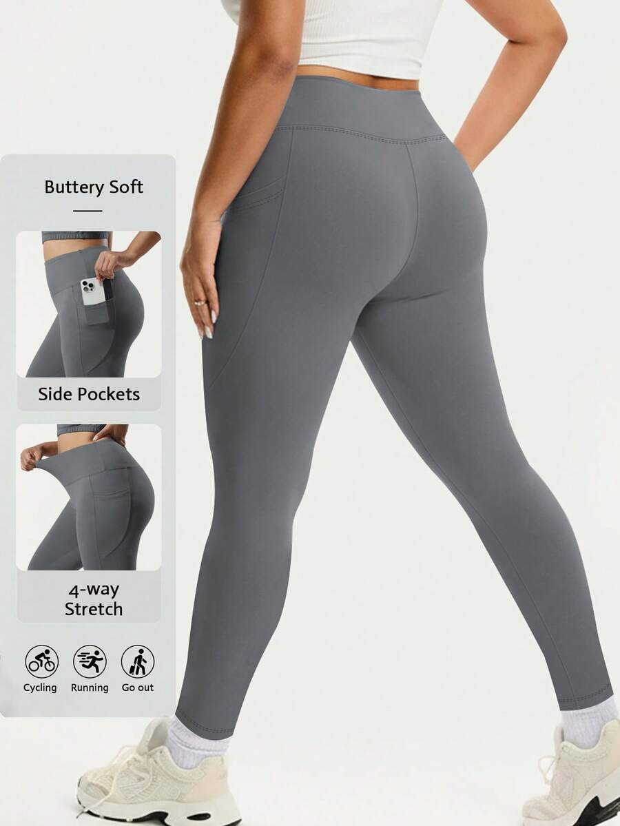 Plus Size High Waist Thick Yoga Pants With Pockets, Tummy Control Lifting Butt Shaping Workout Leggings, For Women