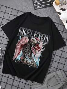 1 Piece Men Cotton Solid Color English Letter Skeleton With Wings And Skull Printed Short Sleeved Round Neck T Shirt Suitable For Daily Wear Going Out Leisure Sports School Travel Family Gatherings And Other Occasions Short Sleeved T Shirt Summer T Shirt Multiple T Shirts Can Be Given As Gifts To Family Members 2000s Y2k Style - Negro - Ver 3