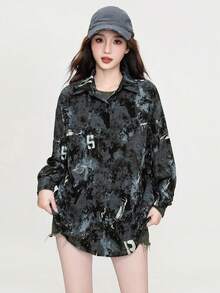 JUTU 女士 2026 春季时尚前卫撞色印花衬衫，长袖开衫，适合派对和户外活动穿着 - 395深灰色 - 查看 3