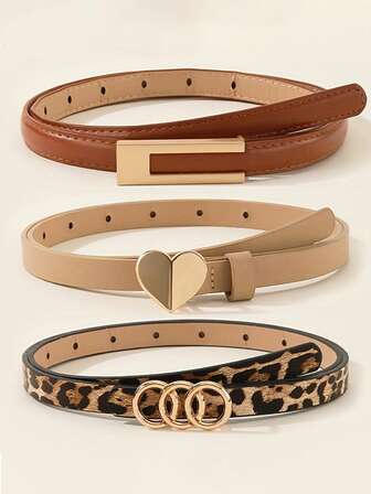 3pcs Women's Belt Set - Fashionable Minimalist Heart Buckle, Leopard Print Leather Belt, Versatile For Skirts, Jeans, Casual Waist Decoration