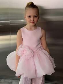 Conjunto de 2 piezas de vestido de fiesta sin mangas con flores 3D de tul para niña preadolescente, adecuado para fiestas de cumpleaños, bodas, damas de honor, celebraciones festivas - Rosa - Ver 4