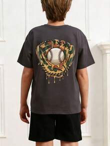 1pc Tween Boy Casual Baseball Sports Graphic Print Short Sleeve T-Shirt, Summer Top For Young Male Students - Dark Grey - View 2