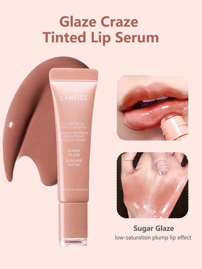 Laneige Glaze Craze Tinted Lip Serum 12g, silikonborste med munk, återfuktande och genomskinlig, fylligare och närande, hudfärgade läppar med låg mättnad, koreansk makeup-finish