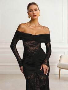 Solid Color Sexy Elegant Lace Backless Ruffle Lace Patchwork Beach Wedding Party Formal Evening Cocktail Homecoming Dress