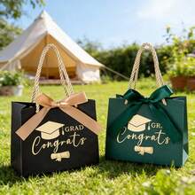 2/10/30个装毕业帽印花礼品袋，带编织绳提手，5.6 x 2.4 x 4.7 英寸迷你烫金印花礼品袋，带蝴蝶结丝带，毕业派对回礼袋，派对礼品盒（绿色、酒红色、黑色） - 彩色 - 查看 3