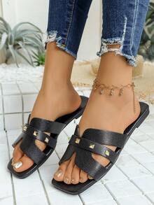 女士夏季新款休闲户外拖鞋，时尚平底凉鞋，宽松方头套脚拖鞋 - 黑色 - 查看 5