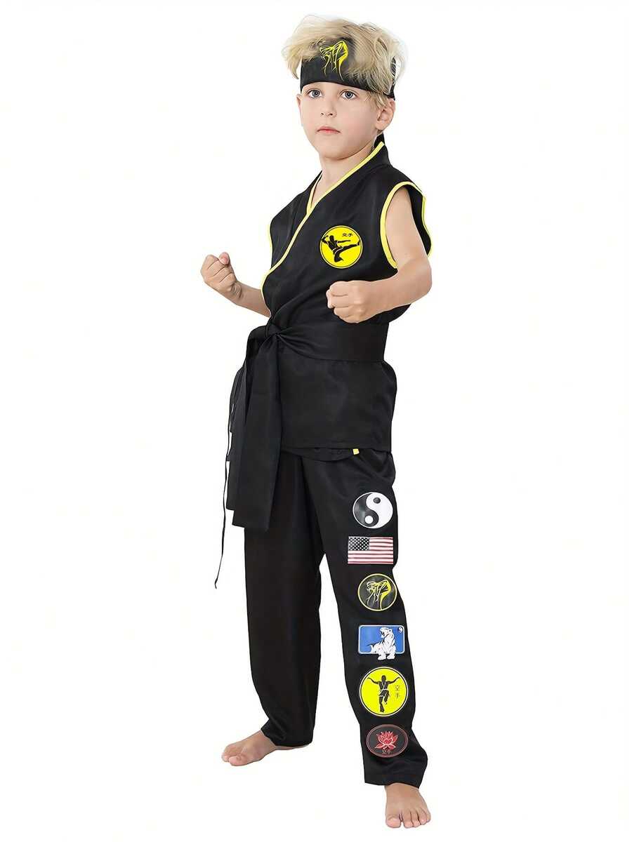 4pcs/Set Black Taekwondo Uniform Set Cosplay Costume For Boys And Girls Karate Training Clothes Children's Role-Playing Costume Halloween Party Costume - Black - View 1