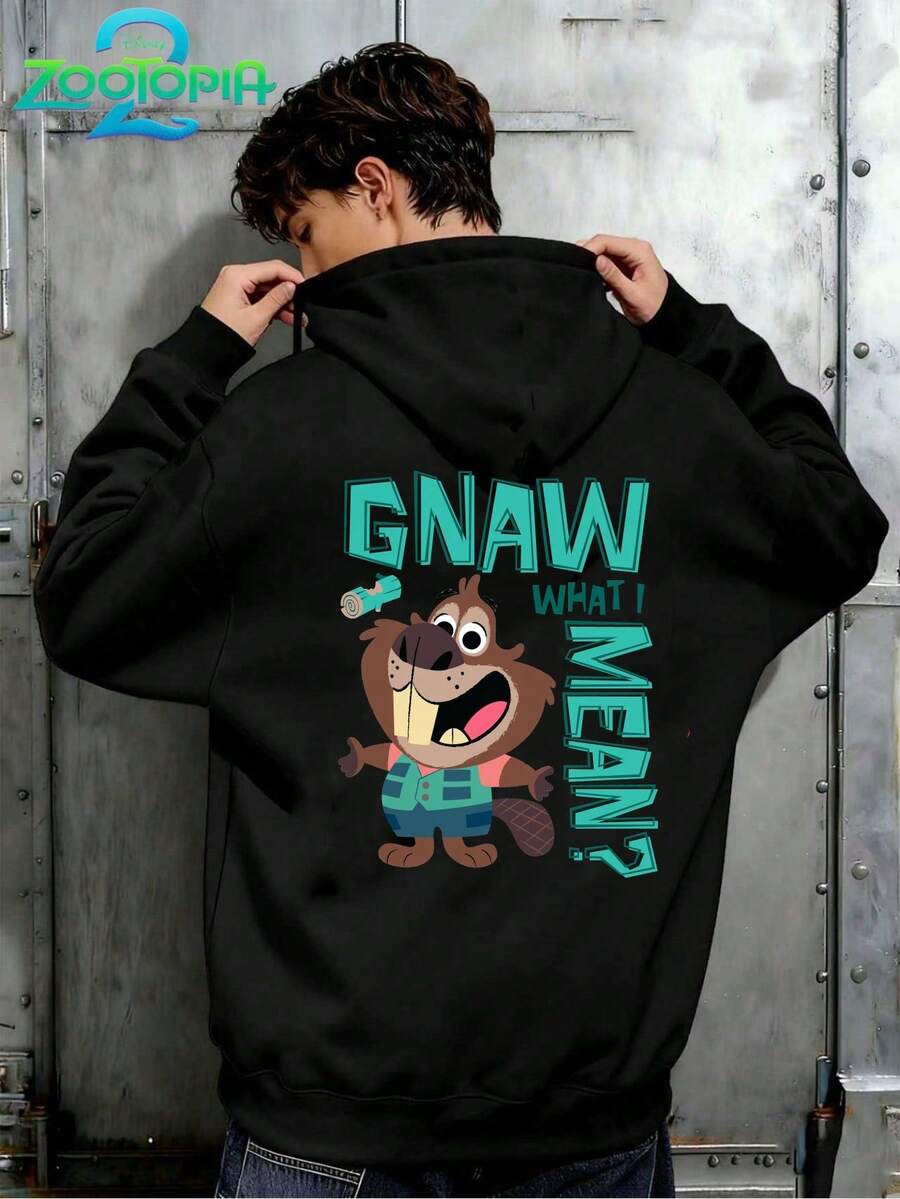 Disney Zootopia Series Stylish Stitch Print Hoodie, Men's Loose Long Sleeve Drawstring Hoodie, Print Autumn/Winter Hoodie (Men's Pullover Hoodie, Black Hoodie, White Hoodie, Winter Hoodie, Gray Hoodie, Men's Winter Hoodie, Plus Size Hoodie) - Black - View 1