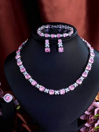 1 set elegant roz pătrat cubic zirconia lanț colier brățară cercei inel placat cu argint nuntă bijuterii set pentru femei mireasă logodnă banchet petrecere concurs pentru mirese domnișoare de onoare prietene soție fiice cadou