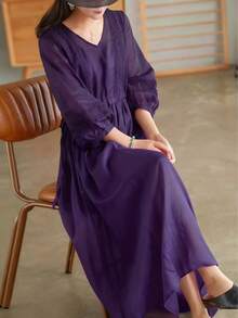 舒适时尚的极简主义七分袖V领系腰连衣裙，优雅清新 - 紫色 - 查看 10