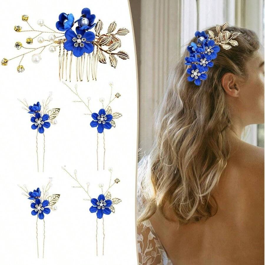 5 Pcs Pasadores para Peinar el Cabello, Tocado de Novia con Flores y Perlas, Diademas Vintage, Ideales para Damas de y Moos, Blanco - Azul Joya - Ver 1