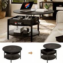 Round Lift Top Coffee Table With Storage And Hidden Compartment 68cm Farmhouse Coffee Tables For Living Room Reception Room 2 Tier Small Round Center Table Circle Dining Table Black Oak - BlackOak - View 4