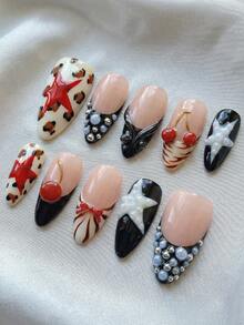 10 Móng Tay Giả Thủ Công Hình Hạnh Nhân Dễ Thương, Họa Tiết Da Báo Y2K Với Hình Quả Anh Đào Đỏ 3D & Ngôi Sao, Thích Hợp Cho Bé Gái Dự Tiệc, Bộ Móng Tay Có Thể Tháo Lắp Tái Sử Dụng (Bao Gồm Keo Dán & Dũa Móng) Dụng Cụ Làm Móng Tay Giả Thủ Công - Nhiều màu - Xem 1