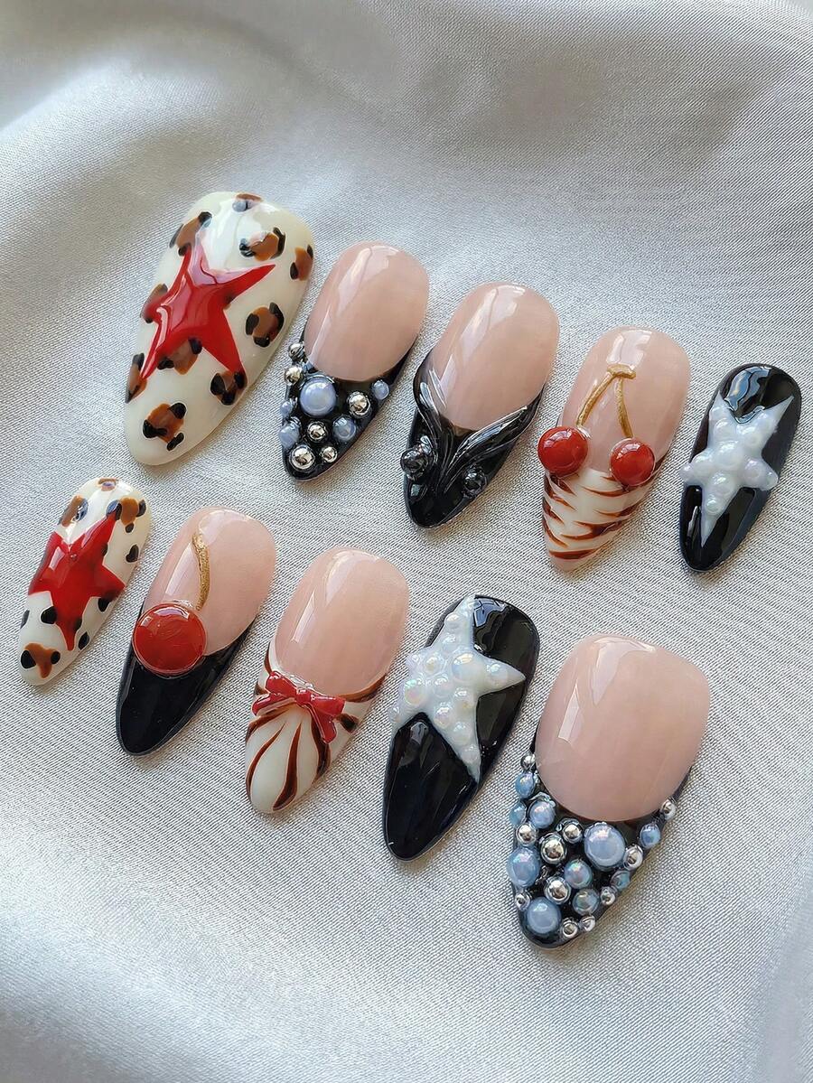 10 Móng Tay Giả Thủ Công Hình Hạnh Nhân Dễ Thương, Họa Tiết Da Báo Y2K Với Hình Quả Anh Đào Đỏ 3D & Ngôi Sao, Thích Hợp Cho Bé Gái Dự Tiệc, Bộ Móng Tay Có Thể Tháo Lắp Tái Sử Dụng (Bao Gồm Keo Dán & Dũa Móng) Dụng Cụ Làm Móng Tay Giả Thủ Công - Nhiều màu - Xem 1