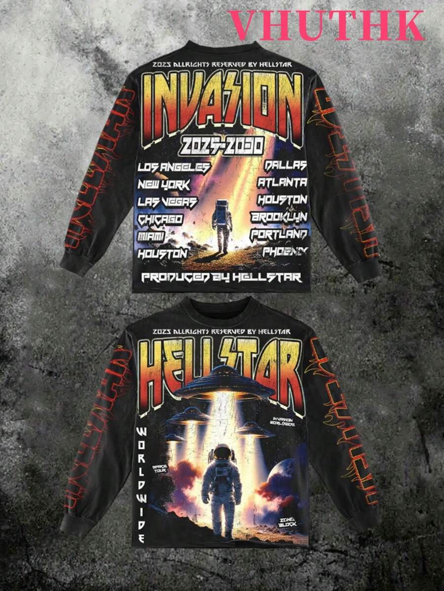 VHUTHK (250g Pure Polyester Round Neck Pullover Sweater) < Invasion 2025-2030>Double Sided Digital Printing, Filament Effect  Y2K Men's Round Neck Sweater In Autumn And Winter. - 黑色 - 查看 1