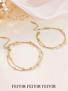 2件套简约双层串珠不锈钢脚链和可调节18K镀金防水手链套装，女士夏季假日珠宝礼物，送给妈妈/闺蜜 - 多款 - 查看 3