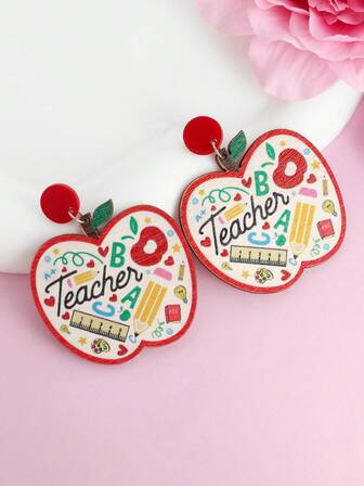 1 Pair Minimalist Exaggerated Design Casual Back To School Apple & Letter Earrings