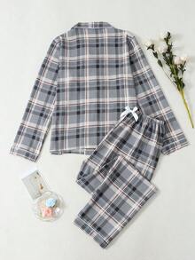 格子印花女士泡泡褶皱长袖睡衣套装 - 灰色 - 查看 6