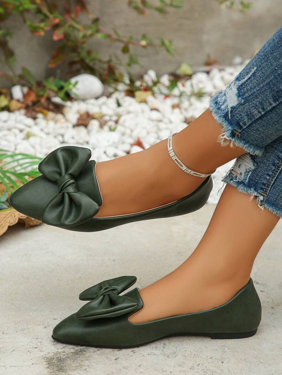 Women's Pointed Toe Slip-On Shoes With Bow Decor, Sweet Style Casual Loafers For Outdoor, Daily Wear, Driving, Autumn New Arrival