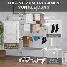 HOMCOM Mobile Clothes Drying Rack, 142 X 55 X 172 Cm, Foldable (4 Levels), With Wheels, Locking Function, Side Wings, ABS, White - White - View 5