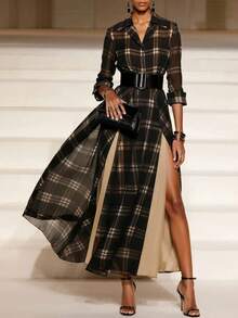 Magic Mia Women's Plaid Shirt Maxi Dress - Long Sleeve Belted Maxi With High Side Slit | Elegant Tartan  Lined Dress For Wedding Guest, Evening Parties & Special Occasions - 棕色 - 查看 1