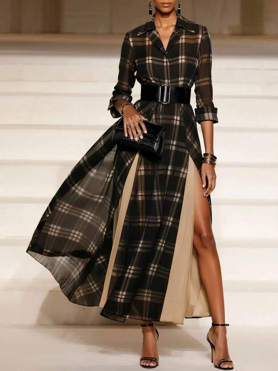 Magic Mia Women's Plaid Shirt Maxi Dress - Long Sleeve Belted Maxi With High Side Slit | Elegant Tartan  Lined Dress For Wedding Guest, Evening Parties & Special Occasions - 棕色 - 查看 1