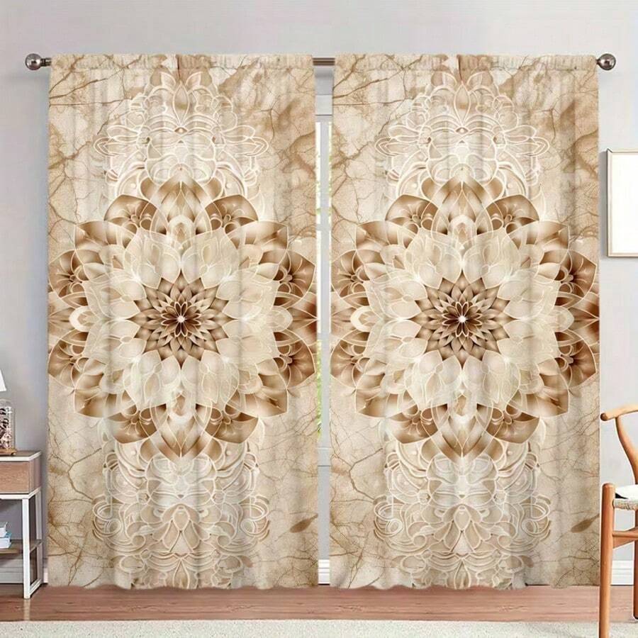 2 piezas Cortinas de decoración del hogar con estampado de mandala color albaricoque - Cortinas con bolsa para barra adecuadas para dormitorio, oficina, cocina, sala de estar y estudio - Multicolor - Ver 1