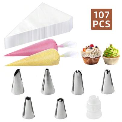 107pcs Cake Decorating Set, Baking Sweets Cookies Melting Chocolate Decorating Bags Tools, Explosion-Proof Cake Decorating Bags, Includes 100 Piping Bags, 1 Coupler And 6 Piping Nozzles, Cake Decorating Tools, Piping Tools, Professional Baking